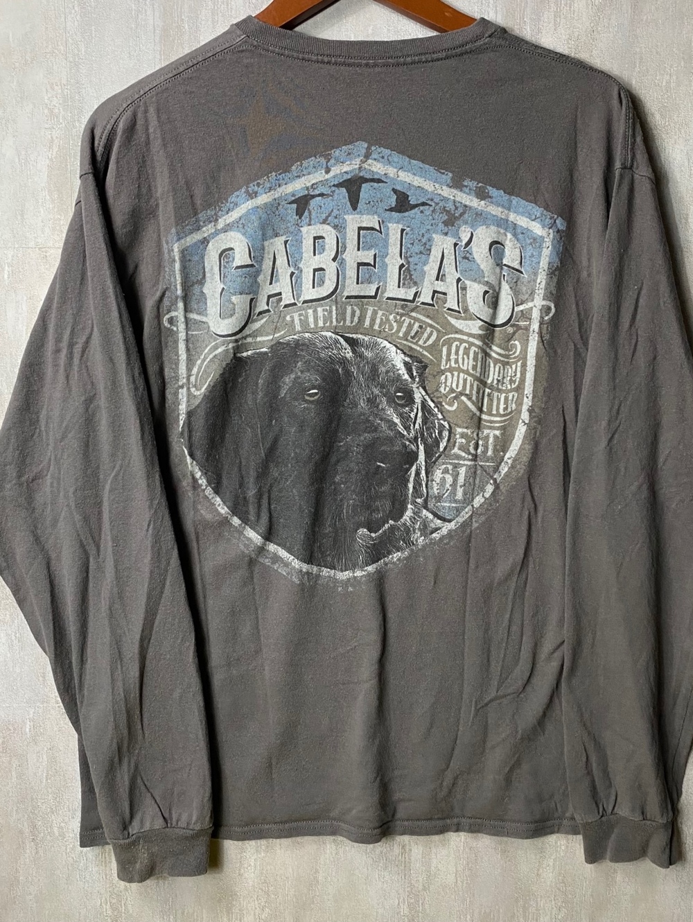 Vintage Cabelas Black Lab Hunting Dog Long Sleeve Shirt Mens M Charcoal Faded